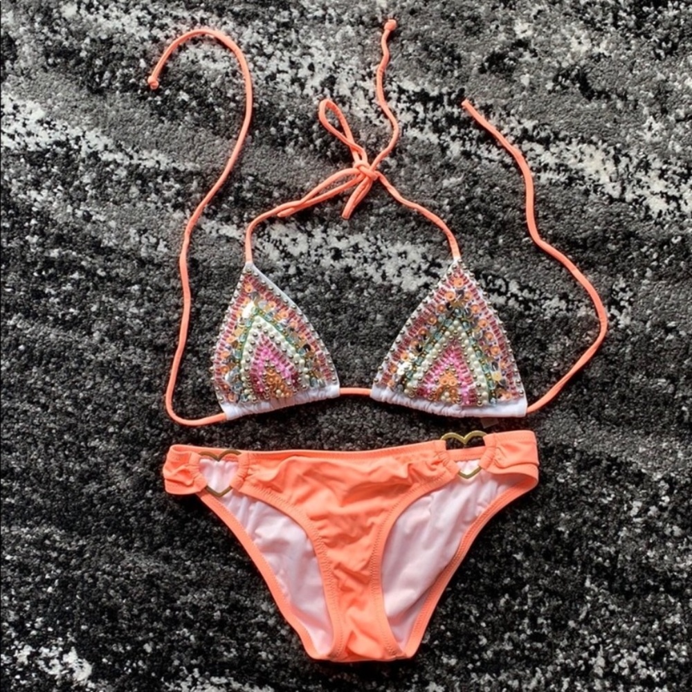Orange Bejeweled Bikini Set